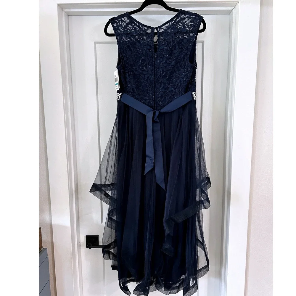 NEW Speechless Girls Navy Blue Lace Tulle Formal‎ Dress Rhinestone Belt 16.5